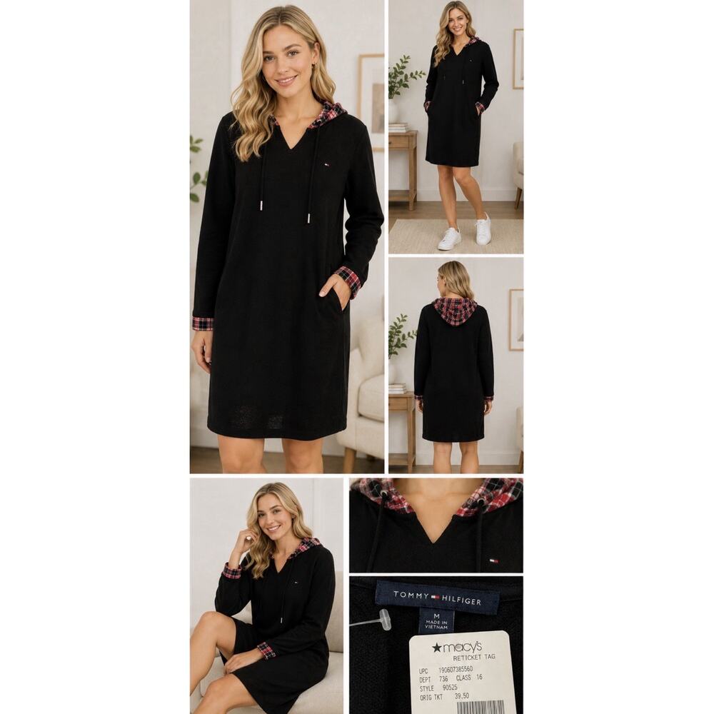 Tommy Hilfiger Hooded Sweater Dress Black Plaid Trim Long Sleeve Size M NWT